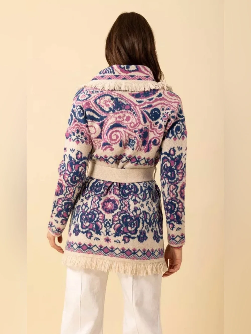 Hale Bob Sweater Jacket S Fringed HaisleyPink Blue Spectacular Cardigan